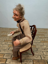 Load image into Gallery viewer, Dollhouse Miniature ~ Artisan Hand Sculpted Man Playing Cards Doll Sitting In Chair
