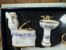 Load image into Gallery viewer, Dollhouse Miniature ~  Half Scale Reutter Porcelain Germany 3 Piece Blue &amp; Gold Bathroom Set New In Box
