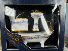 Load image into Gallery viewer, Dollhouse Miniature ~  Half Scale Reutter Porcelain Germany 3 Piece Blue &amp; Gold Bathroom Set New In Box
