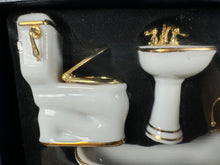 Load image into Gallery viewer, Dollhouse Miniature ~  Half Scale Reutter Porcelain Germany 3 Piece White &amp; Gold Bathroom Set New In Box
