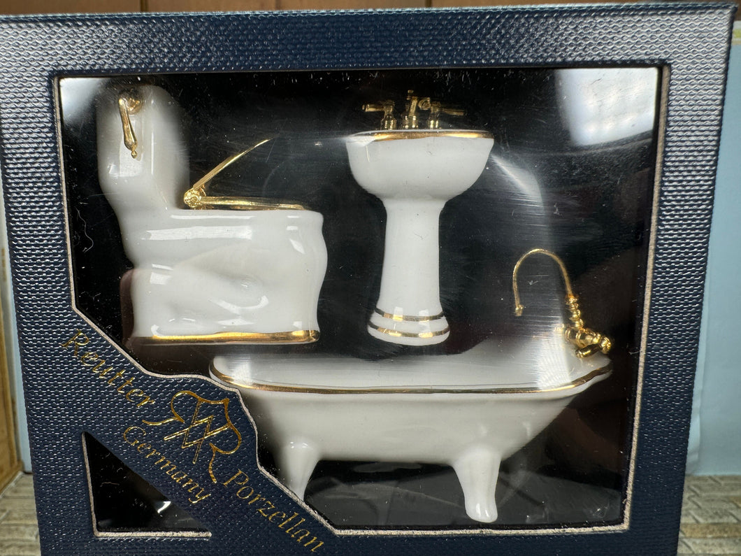 Dollhouse Miniature ~  Half Scale Reutter Porcelain Germany 3 Piece White & Gold Bathroom Set New In Box