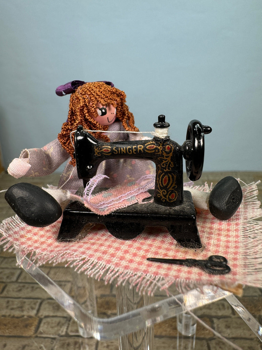 Dollhouse Miniature ~ Vintage Artisan Handmade Sewing Machine Doll In The Making