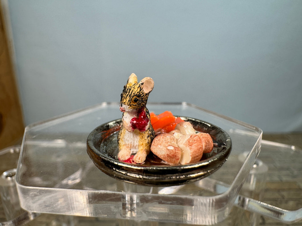 Dollhouse Miniature ~ Artisan Handmade Mouse Eating Cherries & Cheese Tray