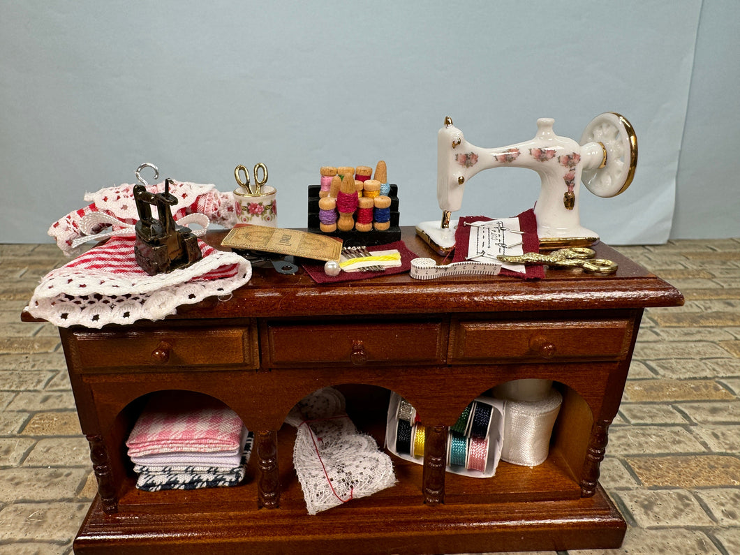 Dollhouse Miniature ~ Decorated Sewing  Table Reutter Porcelain Germany Middle Drawer Opens