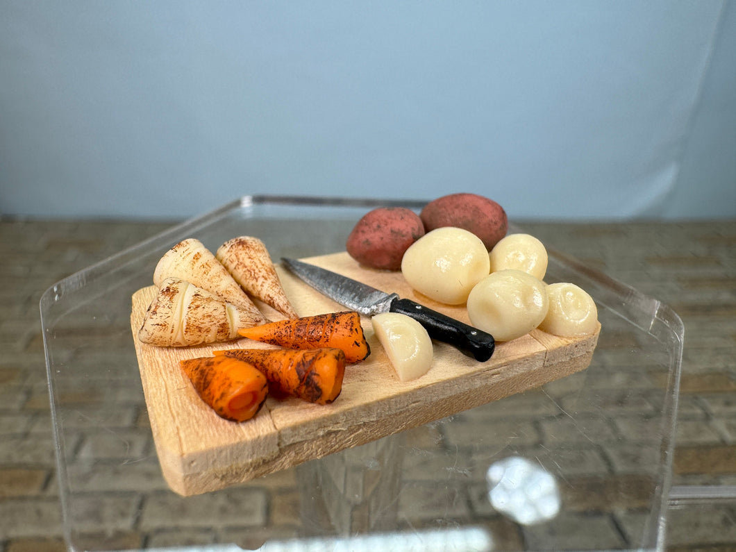 Dollhouse Miniature ~ Artisan Handmade Potato , Carrots, Parsnips Cutting Board With Knife