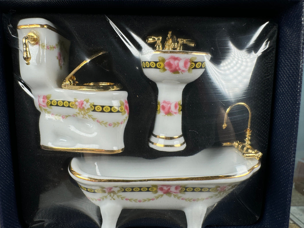 Dollhouse Miniature ~  Half Scale Reutter Porcelain Germany 3 Piece Rose Gold Bathroom Set New In Box