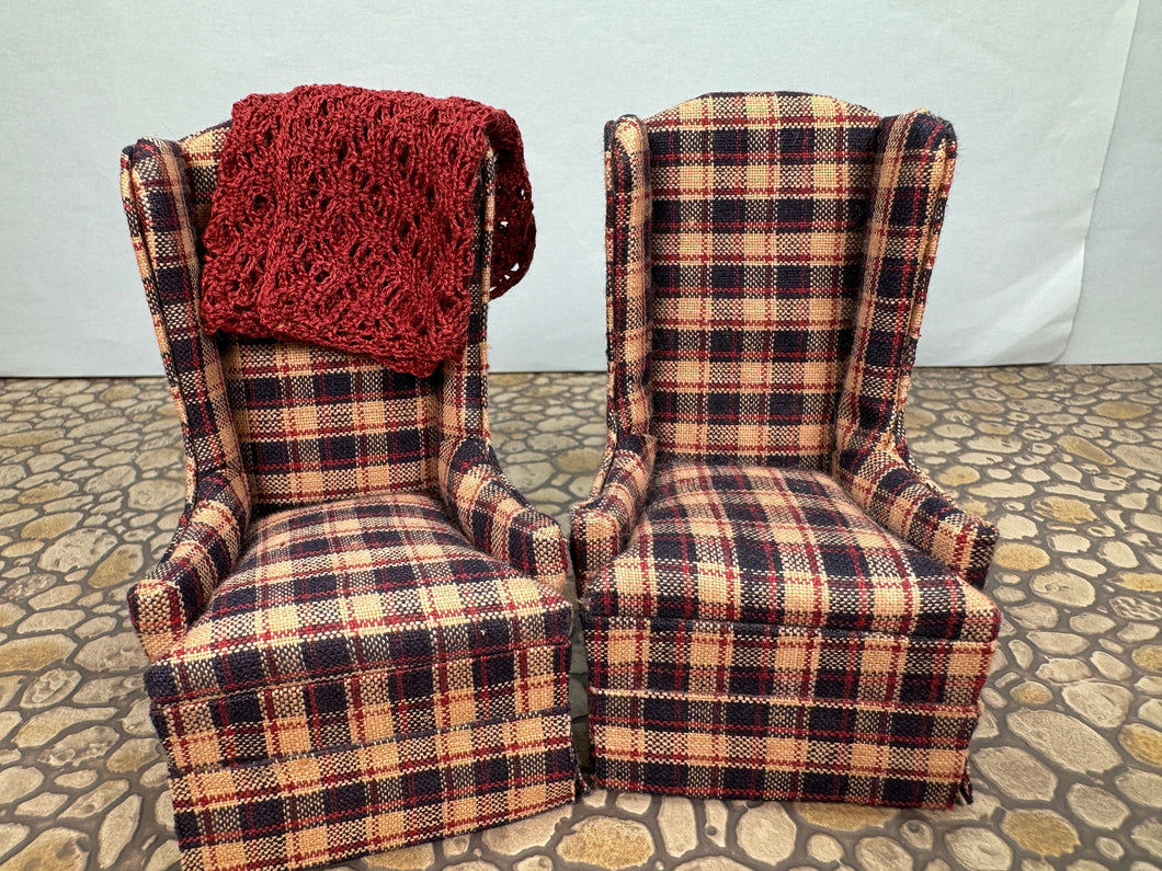 Dollhouse Miniature ~ Vintage Artisan Handmade Chair Set With Handmade Afghan Throw Blanket