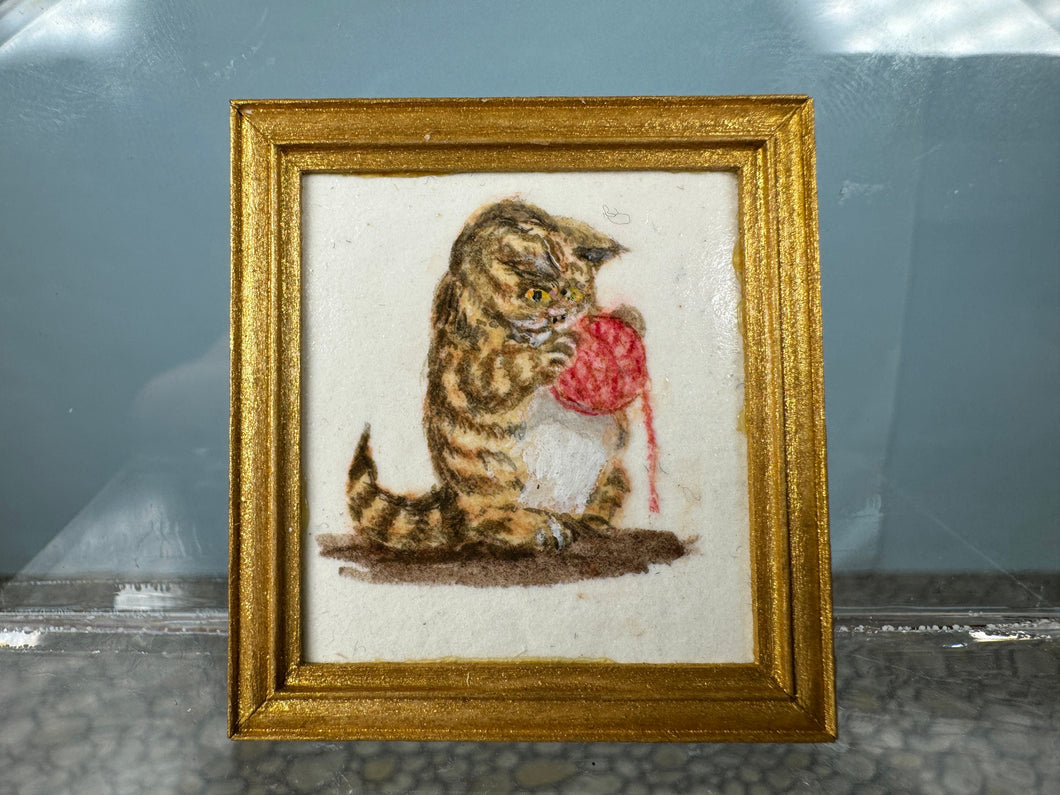 Dollhouse Miniature ~ Artist Unsigned Cat Playing with Yarn Painting