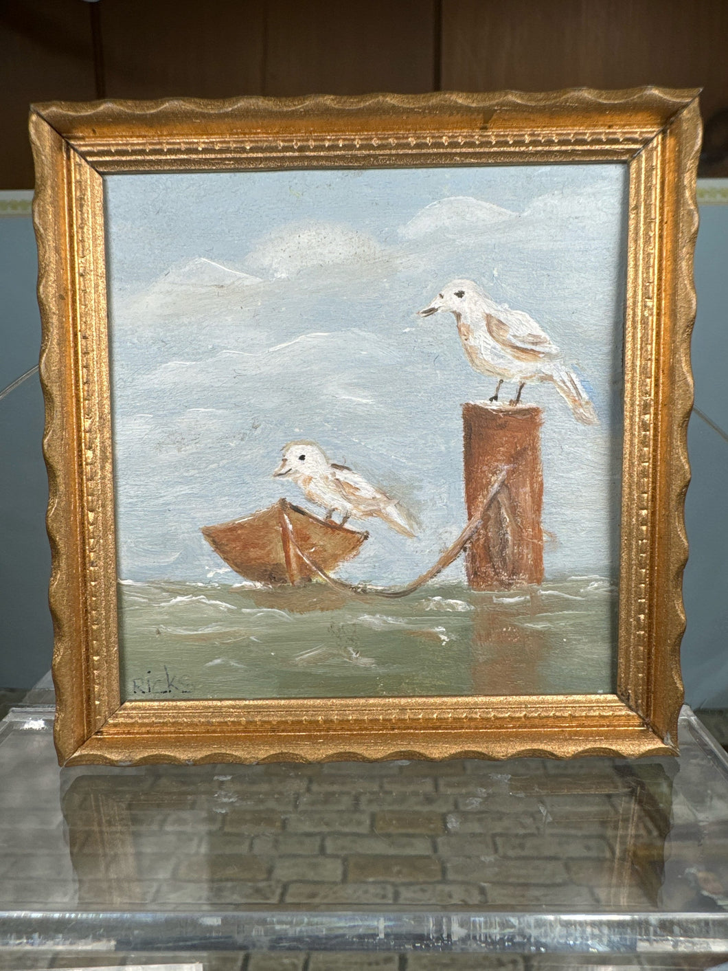 Dollhouse Miniature ~ Artist B. Ricks 1987 Seaguls Oil Painting Original