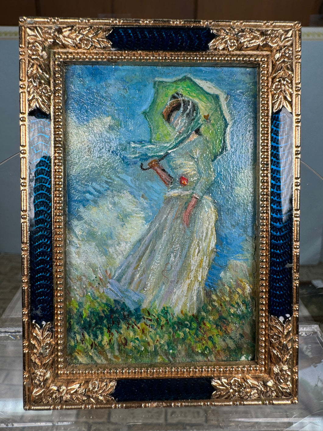 Dollhouse Miniature ~ Artist Josephine Meyer Woman with a Parasol, Facing Left, 1886 Monet Painting Reproduction