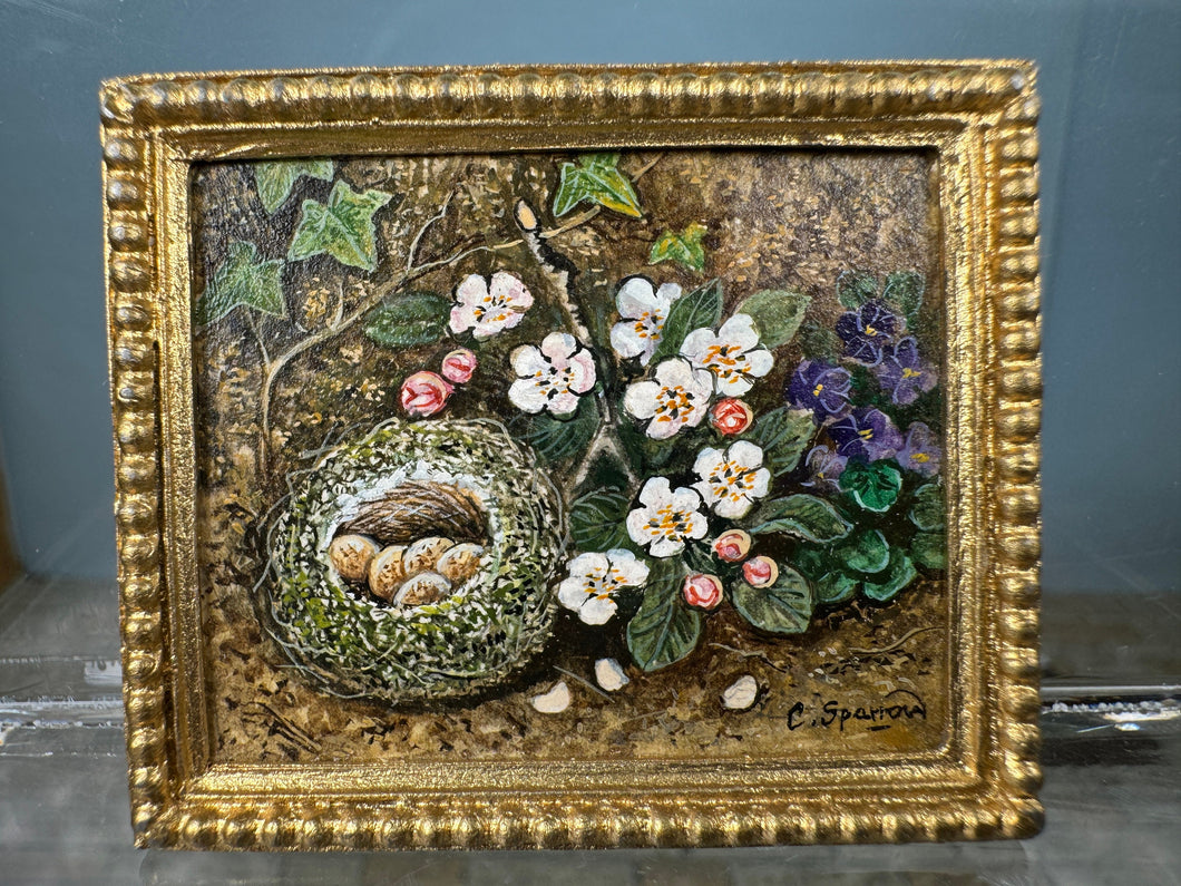 Dollhouse Miniature ~ Artist C. Sparrow Flowers and Birds Nest Painting