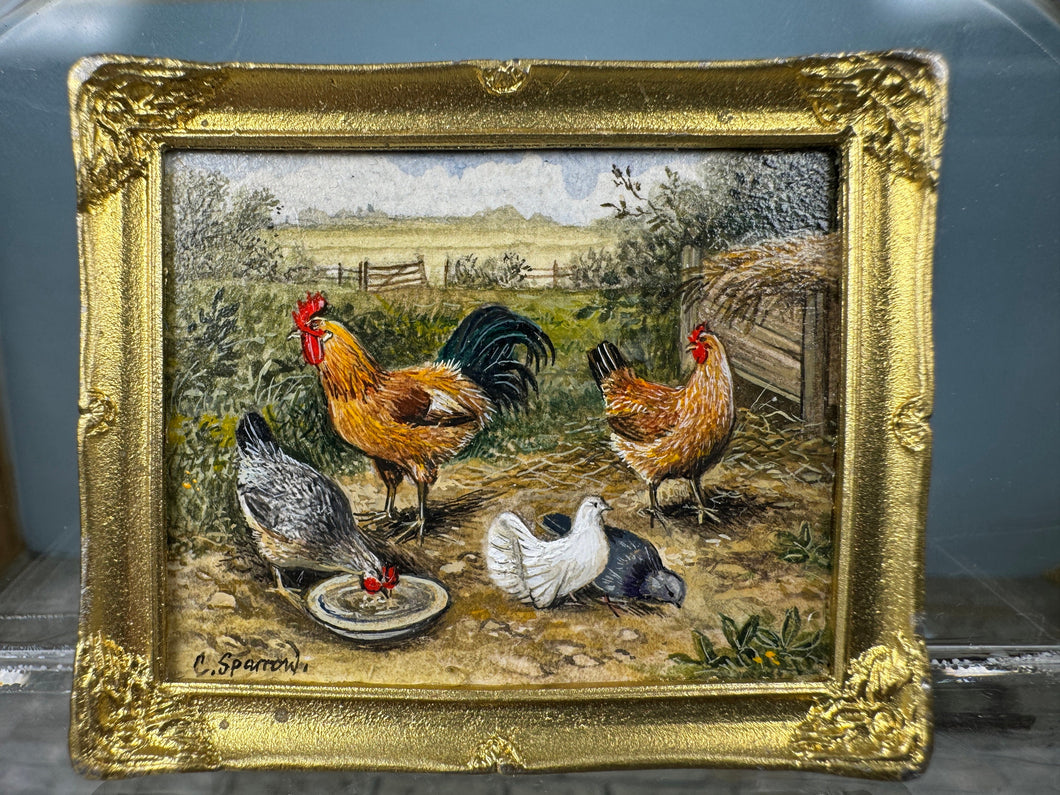 Dollhouse Miniature ~ Artist C. Sparrow Chickens Grazing Painting