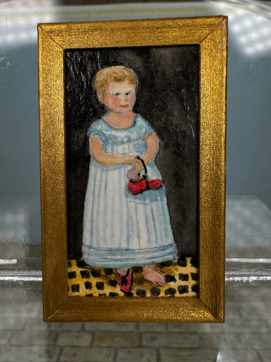 Dollhouse Miniature ~ Unknown Artist Girl With Red Shoe Portrait Painting