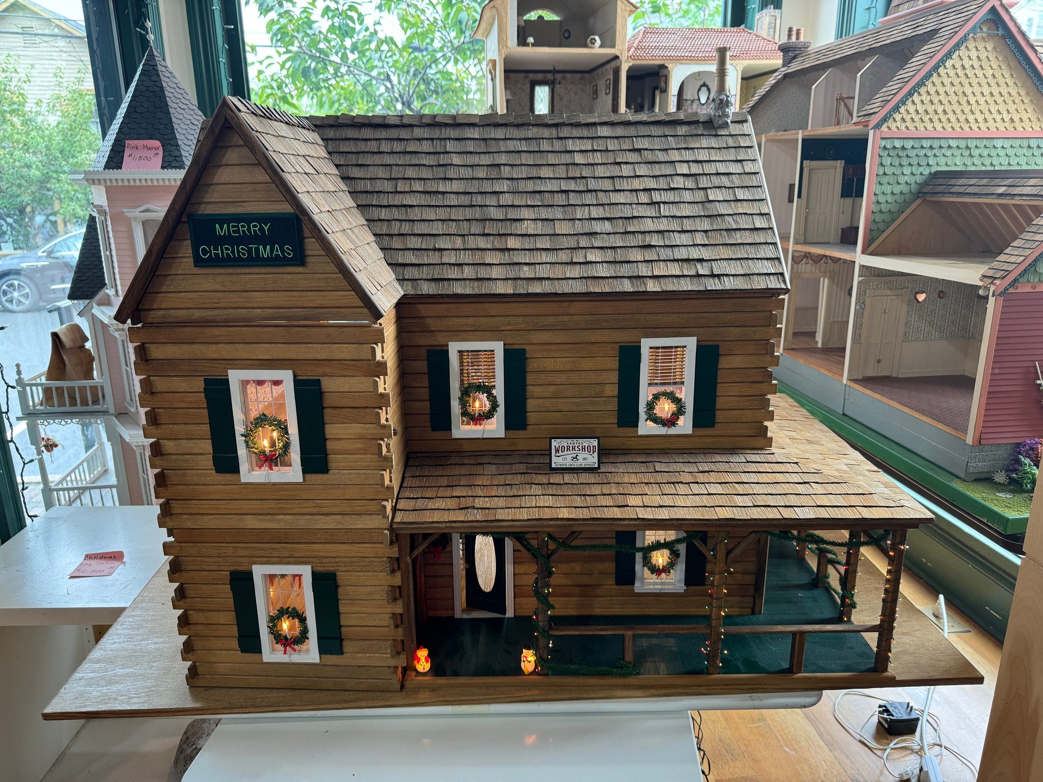 Dollhouse Miniature Ponderosa Log Cabin Christmas Dollhouse Electrified With Working Train