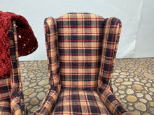 Load image into Gallery viewer, Dollhouse Miniature ~ Vintage Artisan Handmade Chair Set With Handmade Afghan Throw Blanket
