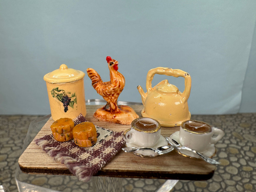 Dollhouse Miniature ~ Artisan Handmade Tea & Scones Breakfast Cutting Board