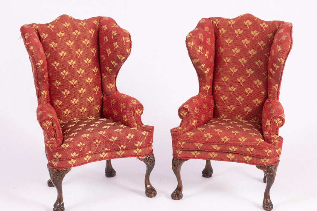 Dollhouse Miniature ~ Pair of Upholstered Wing Back Chairs by Nancy Summers - Lee Lefkowitz Collection