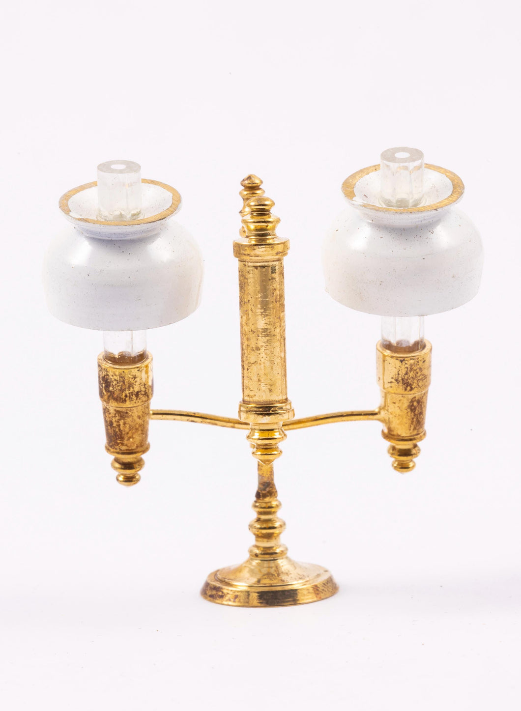 Dollhouse Miniature ~ Vintage Brass Student Lamp with Double Shade in White