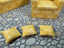 Load image into Gallery viewer, Dollhouse Miniature ~ Artisan Handmade 2 Piece Yellow Living Room Couch &amp; Chair Furniture Set
