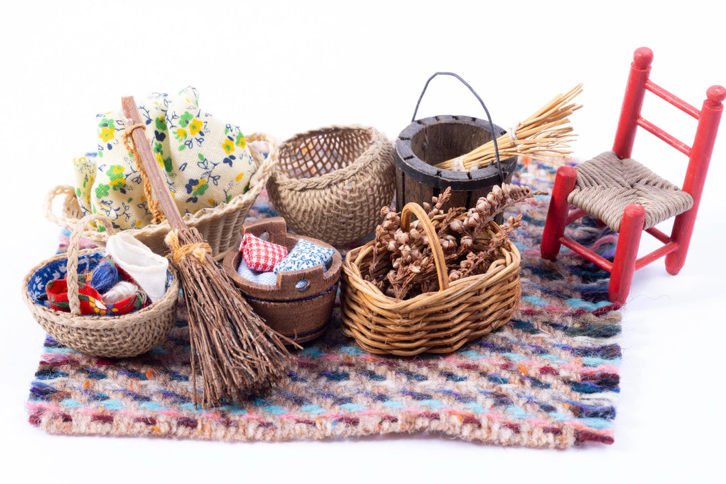 Dollhouse Miniature ~ Kitchen Baskets Assortment with Rug & Small Red Chair - Johnston Collection