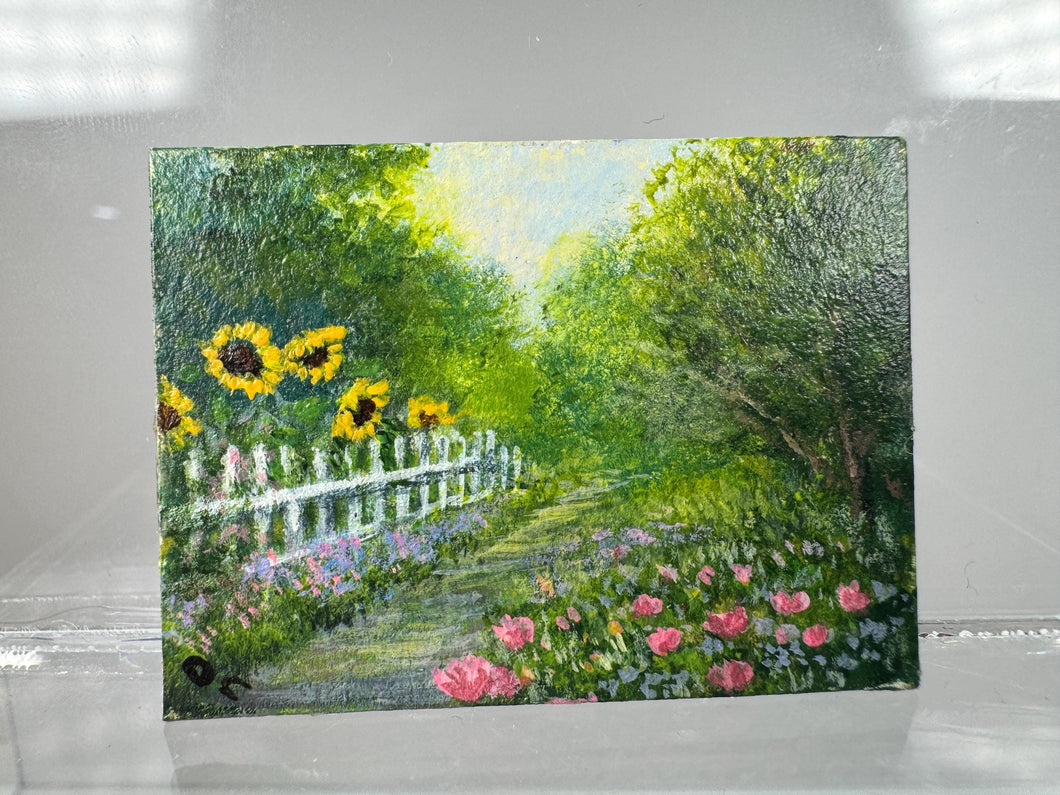 Dollhouse Miniature ~ Vintage Artist O. Calley Sunflower Garden Signed Original Painting