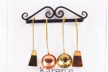 Load image into Gallery viewer, Dollhouse Miniature ~ Copper and Brass Utensils &amp; Black Metal Hanger
