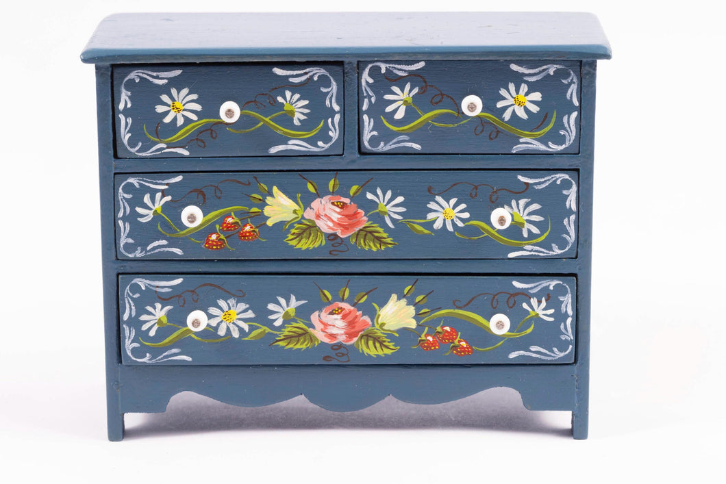 Dollhouse Miniature ~ Blue Chest Painted Flowers by Shirley and Jim Hillhouse