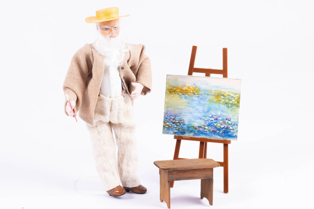 Dollhouse Miniature ~ Claude Monet Doll by Fern Vasi with Josephine Meyer Waterlilies Painting
