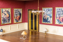 Load image into Gallery viewer, Dollhouse Miniature ~ Renaissance Man Roombox by Liz LeBosse with Scott&#39;s Lighting Chandelier - From Lee Lefkowitz Estate
