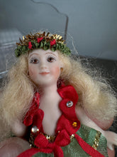 Load image into Gallery viewer, Dollhouse Miniature ~ Vintage Artisan Handmade Handpainted Porcelain Christmas Girl Doll Blonde Hair
