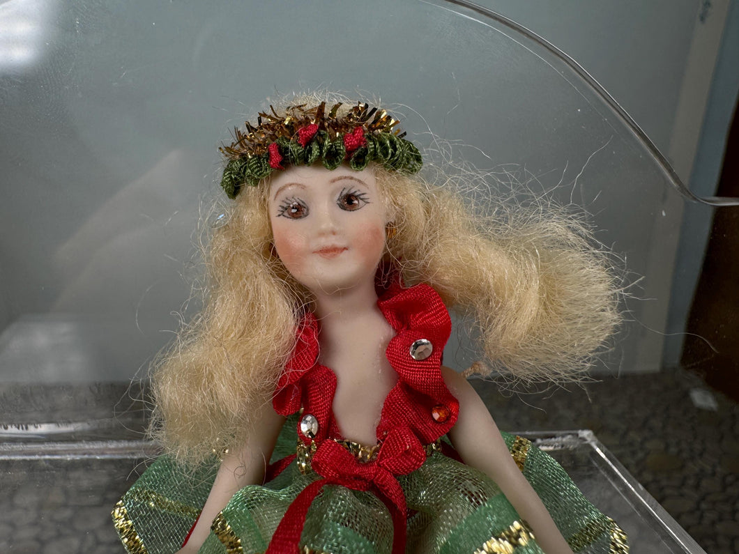 Dollhouse Miniature ~ Vintage Artisan Handmade Handpainted Porcelain Christmas Girl Doll Blonde Hair