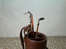 Load image into Gallery viewer, Dollhouse Miniature ~ Vintage Artisan Nantasy Fantasy Handmade Leather Golf Bag With Handmade Wooden Clubs Signed
