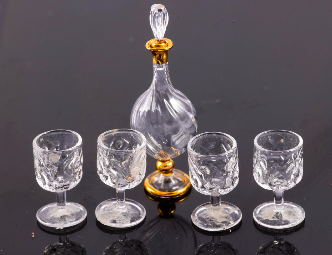 Dollhouse Miniature ~ Beautiful Decanter Set with 4 Ferenc Albert Glasses - Lee Lefkowitz Estate