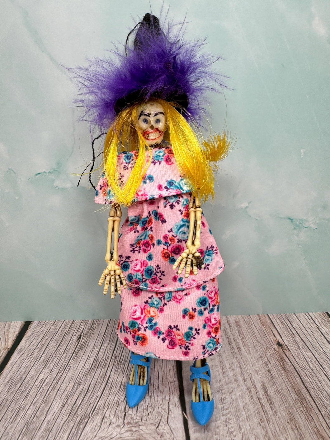 Dollhouse Miniature ~ Artisan Handmade Halloween Skeleton Woman In Pink Dress Doll