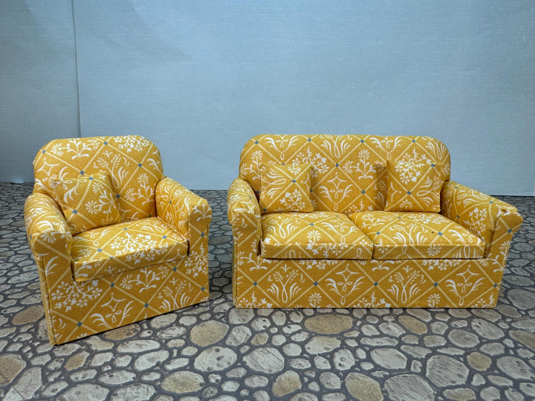 Dollhouse Miniature ~ Artisan Handmade 2 Piece Yellow Living Room Couch & Chair Furniture Set