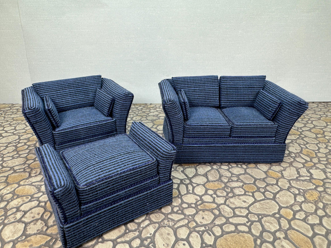 Dollhouse Miniature ~ Vintage Artisan Handmade 3 Piece Blue Living Room Couch, Chair & Ottoman Furniture Set
