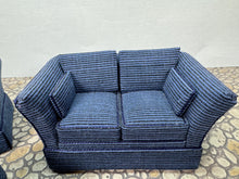 Load image into Gallery viewer, Dollhouse Miniature ~ Vintage Artisan Handmade 3 Piece Blue Living Room Couch, Chair &amp; Ottoman Furniture Set
