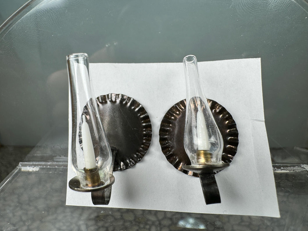 Dollhouse Miniature ~ Vintage Artisan Studio B Handmade Pair Of Tin Wall Candlestick Holders With Glass Covers
