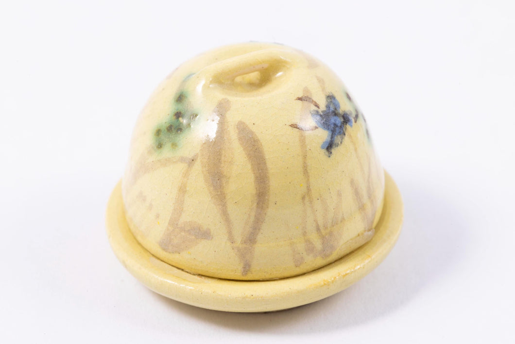 Dollhouse Miniature ~ Porcelain Cheese Dome in Yellow with Blue Flowers - From Johnston Estate
