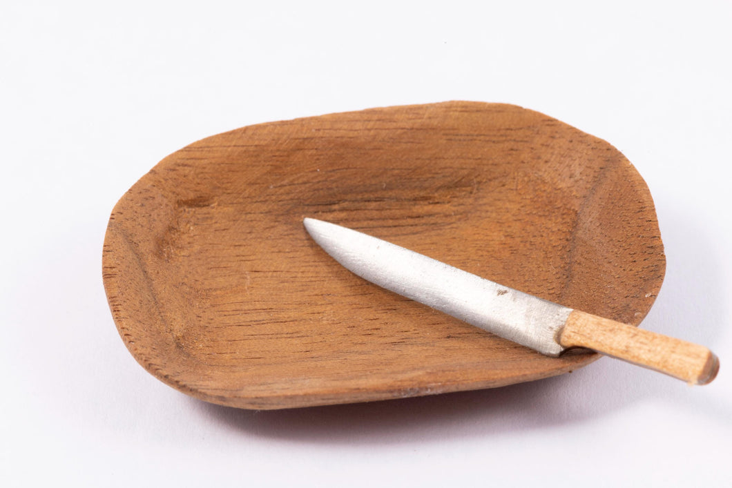 Dollhouse Miniature ~ Handmade Wooden Dough Bowl & Serrated Edge Knife - Johnston Estate