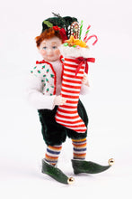Load image into Gallery viewer, Handmade Porcelain Christmas Elf Doll Holding Stocking - Fern Vasi

