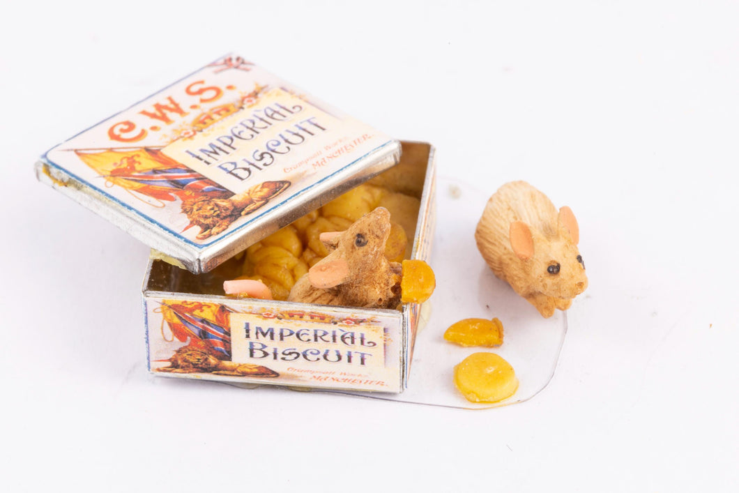 Dollhouse Miniature ~ Mice in Imperial Biscuit Tin Good For Halloween - Ursula Sauerberg Estate
