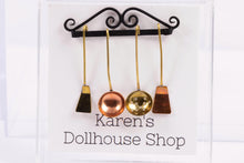 Load image into Gallery viewer, Dollhouse Miniature ~ Copper and Brass Utensils &amp; Black Metal Hanger
