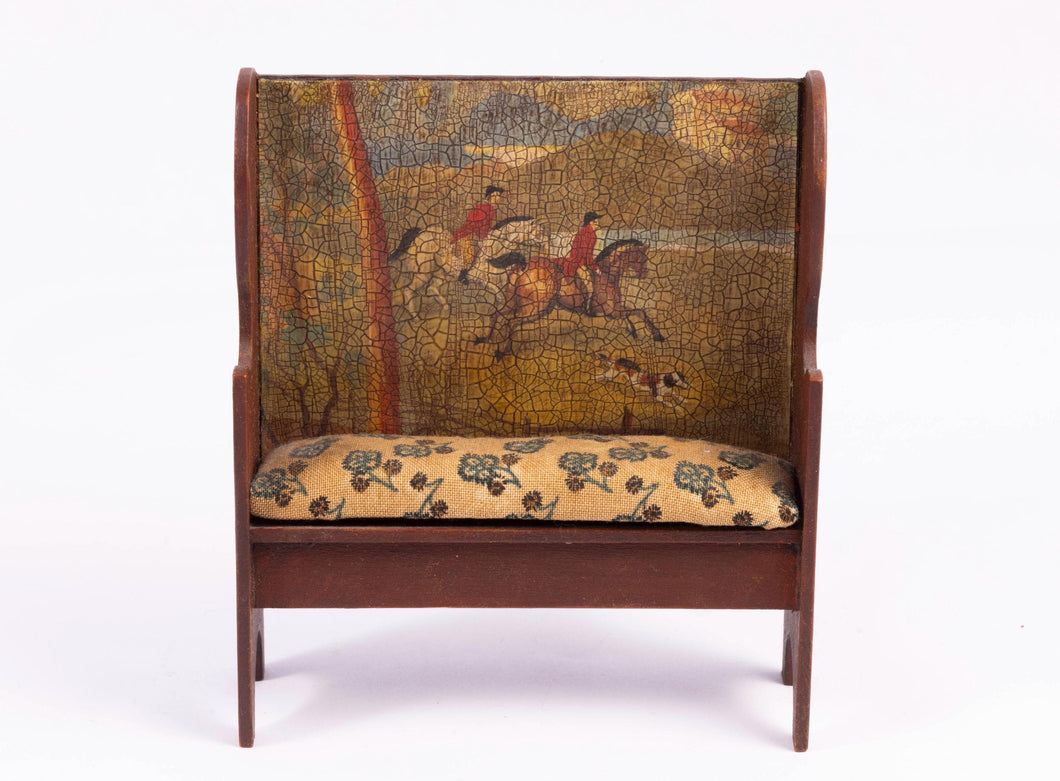 Dollhouse Miniature ~ Rustic Painted Settle with Hunt Scene