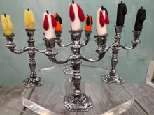 Load image into Gallery viewer, Dollhouse Miniature ~  Artisan Handmade Candelabra Candles Multi Colors Black, Natural, Orange, White &amp; Red
