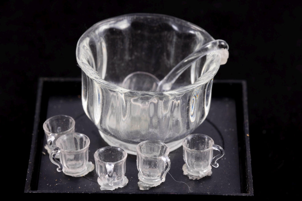 Dollhouse Miniature ~ Hand Blown Glass Punch Bowl with 5 Glasses & Ladle by Francis Whittemore
