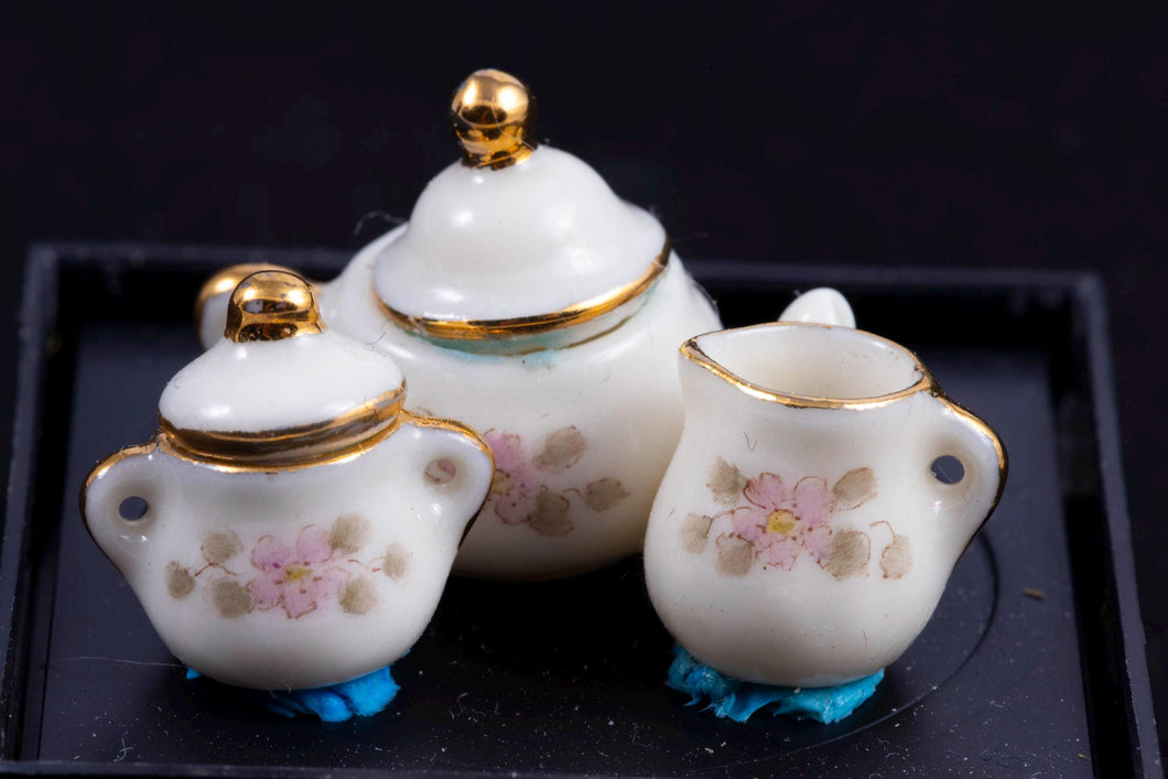 Dollhouse Miniature ~ Nancy Duden Teapot, Sugar and Creamer Porcelain Set