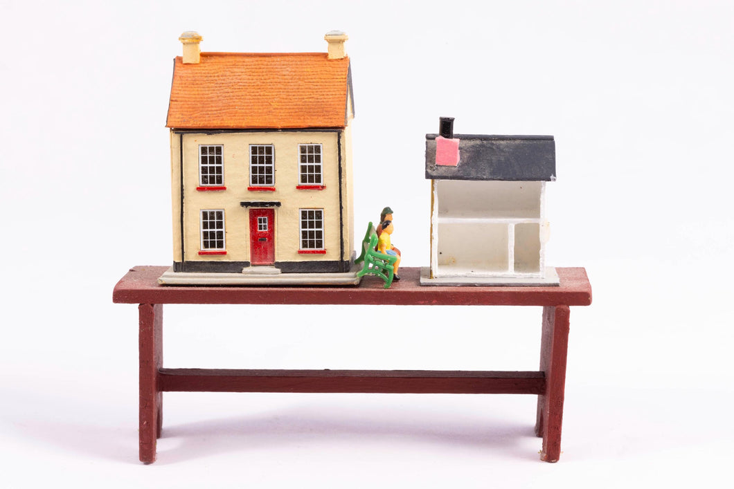 Dollhouse Miniature ~ Two Dollhouses on Wooden Bench