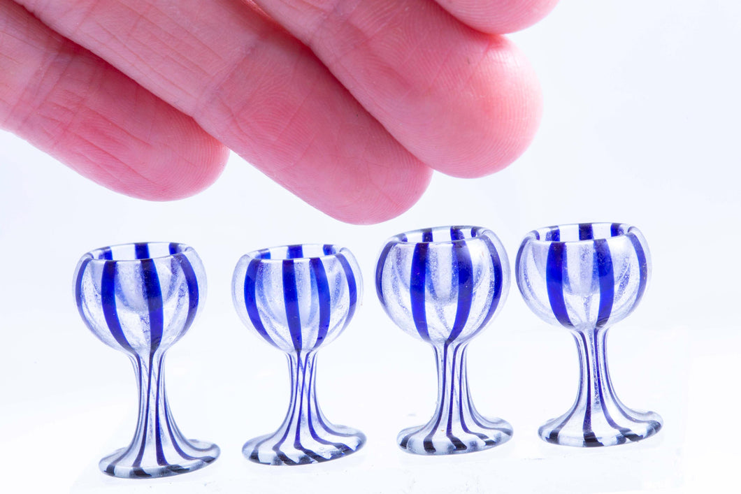 Dollhouse Miniature ~ Blue Striped Glasses Set of 4 - Vintage German Doll Scale