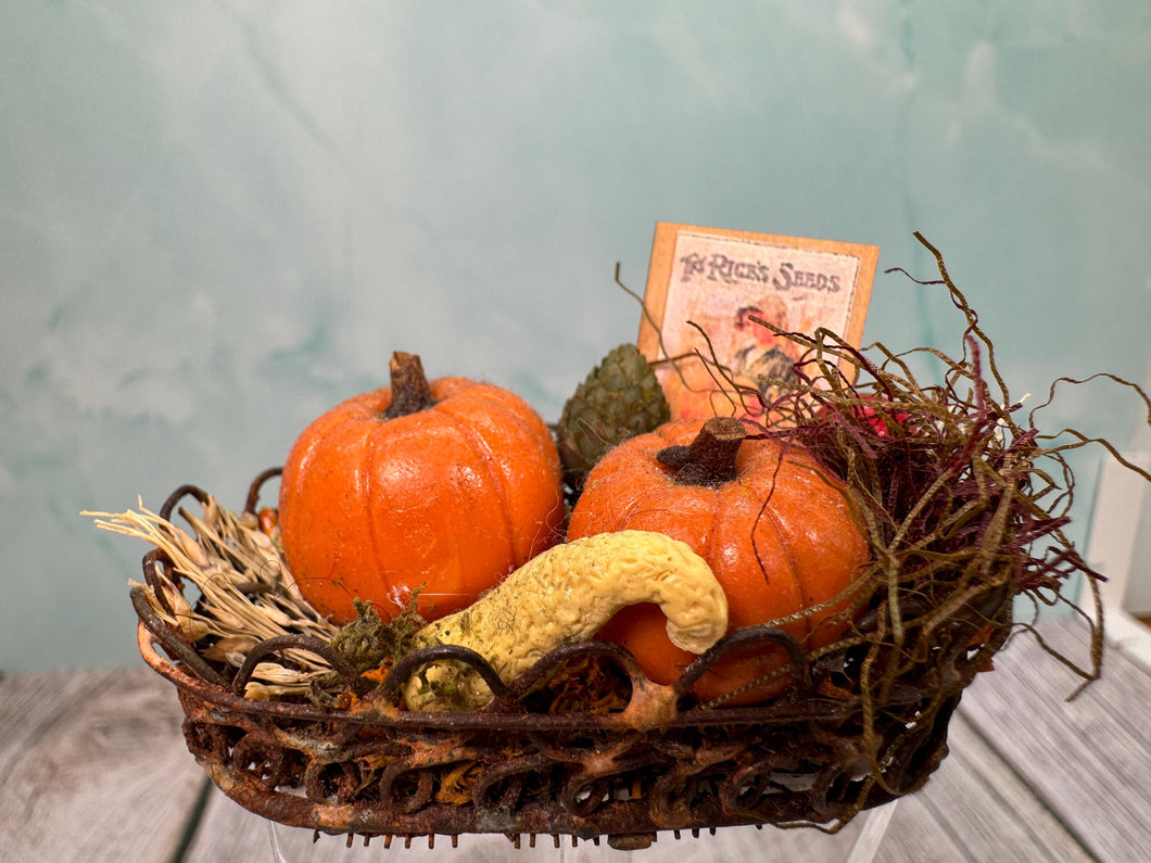 Dollhouse Miniature ~ Artisan Decorated Handmade Pumpkin Basket Autumn Fall Halloween